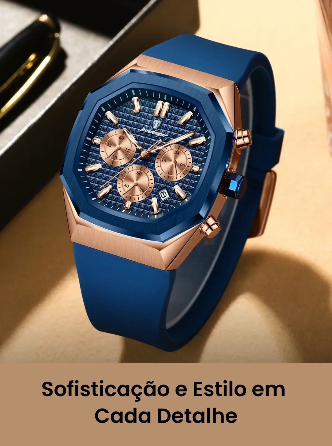 Relógio Masculino Casual Sherlock Gun Blue Gold 42mm