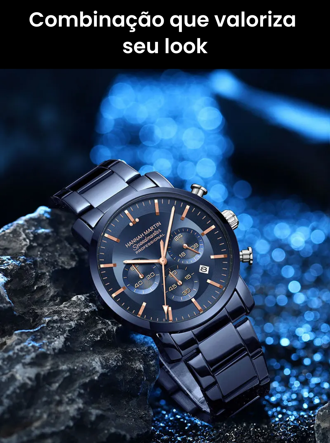 Relógio Masculino de pulso Azul Hannah Martin Full Black 40mm
