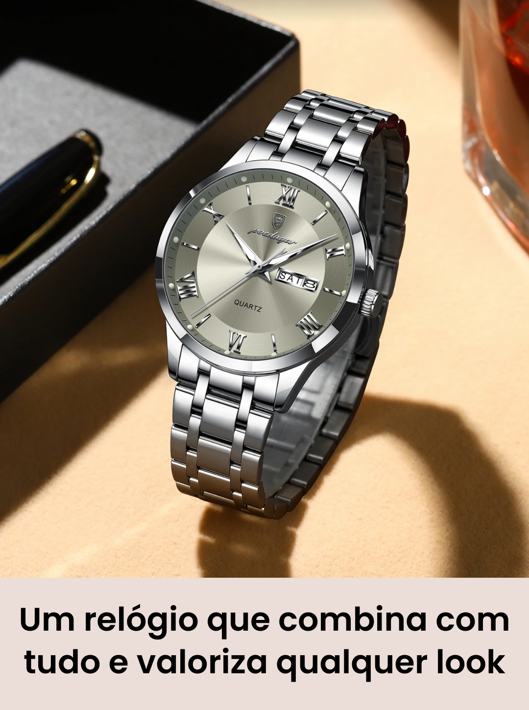 Relógio Masculino Clássico Beckham Steel Silver Gold 42mm