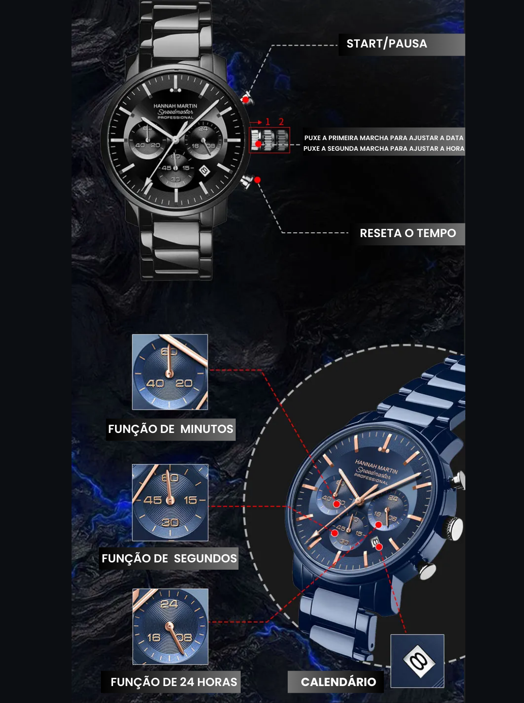Relógio Masculino de pulso Azul Hannah Martin Full Black 40mm
