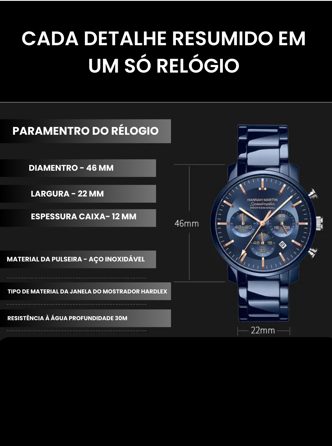 Relógio Masculino de pulso Azul Hannah Martin Full Black 40mm