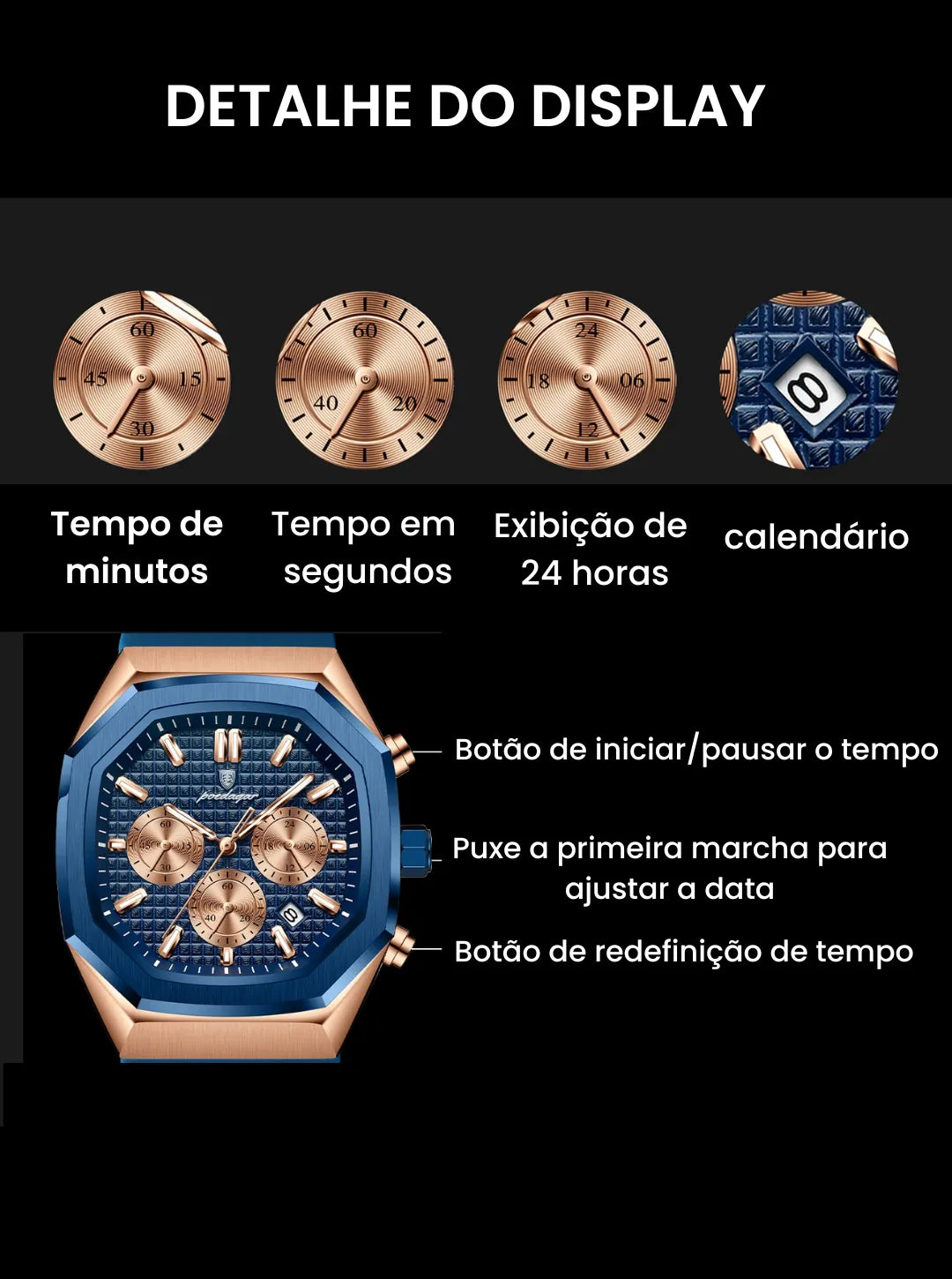 Relógio Masculino Casual Sherlock Gun Blue Gold 42mm