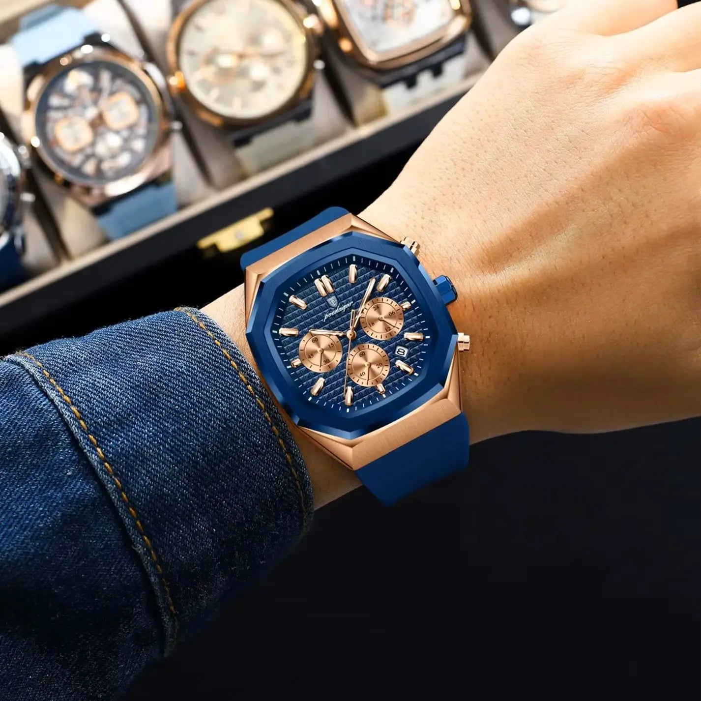 Relógio Masculino Casual Sherlock Gun Blue Gold 42mm
