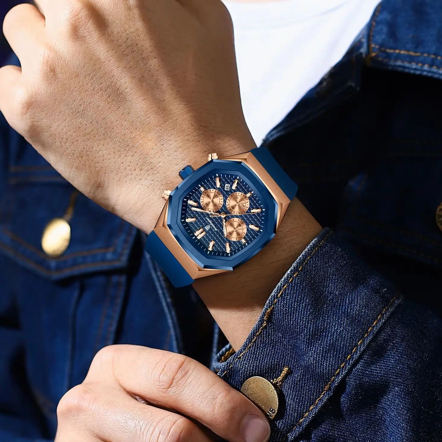 Relógio Masculino Casual Sherlock Gun Blue Gold 42mm