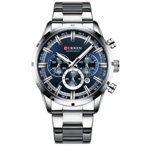 Relógio Masculino Curren cronógrafo, com ponteiros luminosos e Pulseira de Aço.