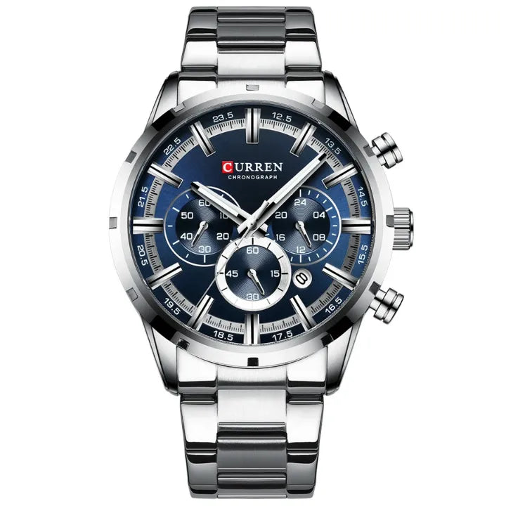 Relógio Masculino Curren cronógrafo, com ponteiros luminosos e Pulseira de Aço.