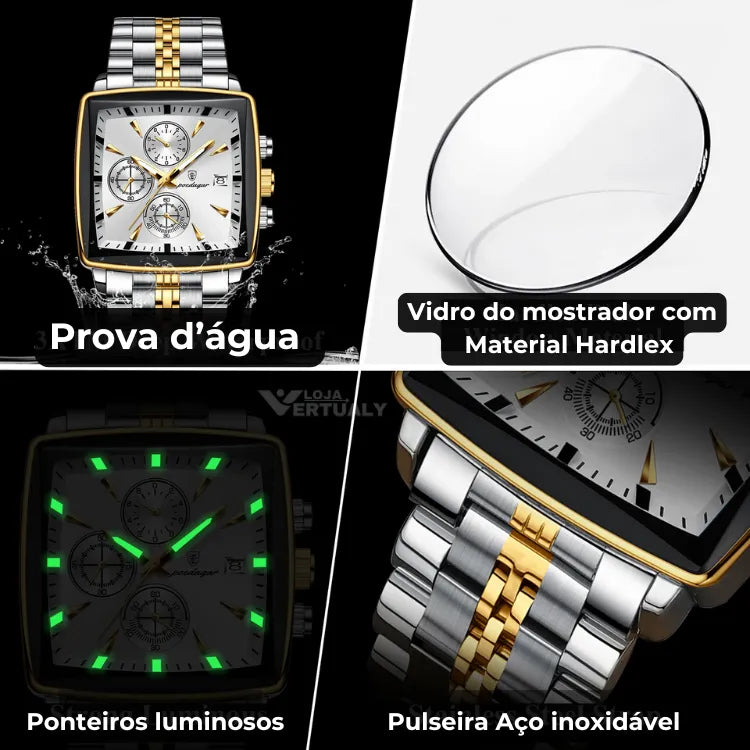 Relógio de Pulso Masculino Quadrado Podegar Elegancy Esporte Luminoso.